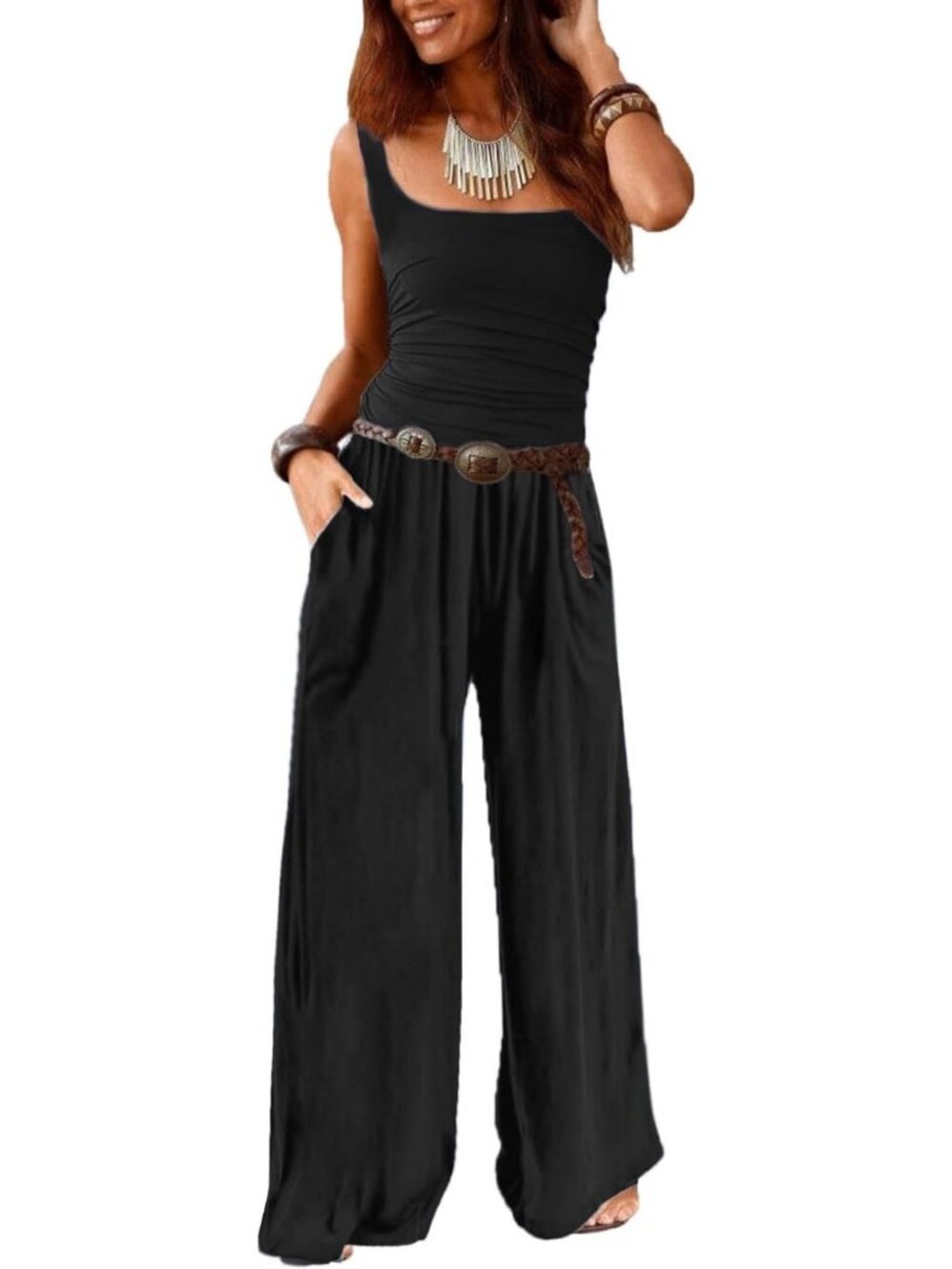 Women's Tank Black Summer Jumpsuit Sleeveless Wide Leg Long Romper With Pockets
